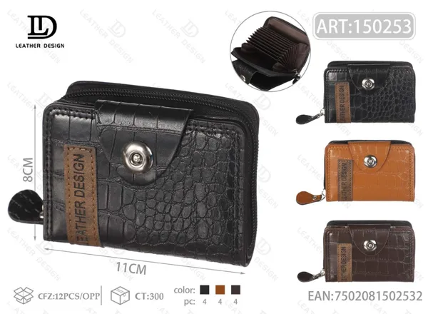 Tarjetero acordeon con cierre y broche, franja vertical con logo