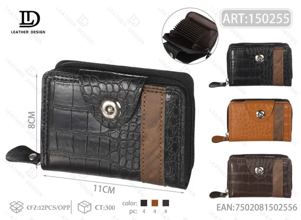 Tarjetero acordeon con cierre, broche y franja vertical bicolor