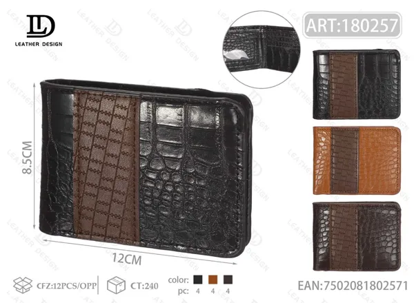Cartera plegable para hombre grabado cocodrilo con panel central en contraste