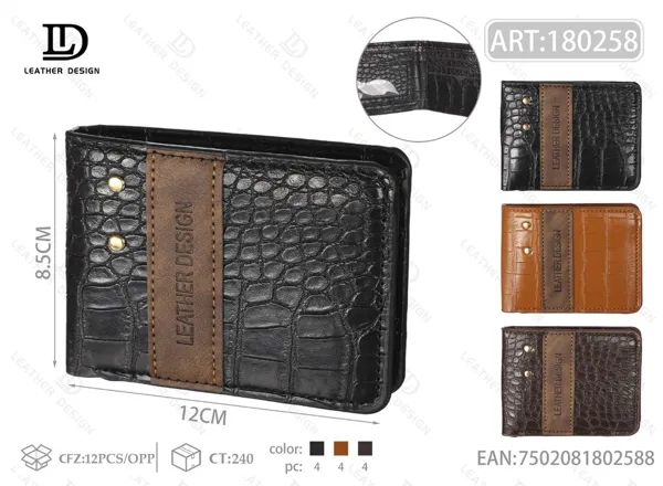 Cartera plegable para hombre grabado cocodrilo con cinta vertical y remaches