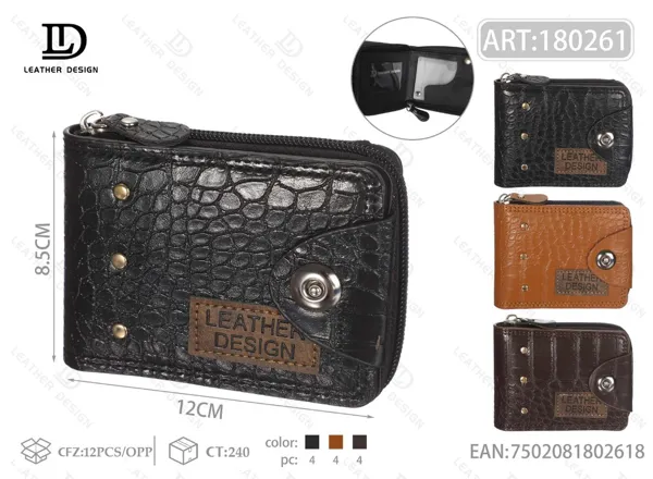 Cartera con cierre alrededor grabado cocodrilo con broche y remaches