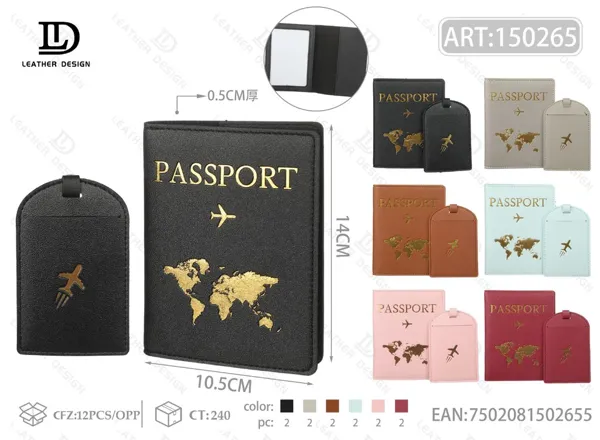Set porta pasaporte con mapa dorado y etiqueta de equipaje 2 piezas