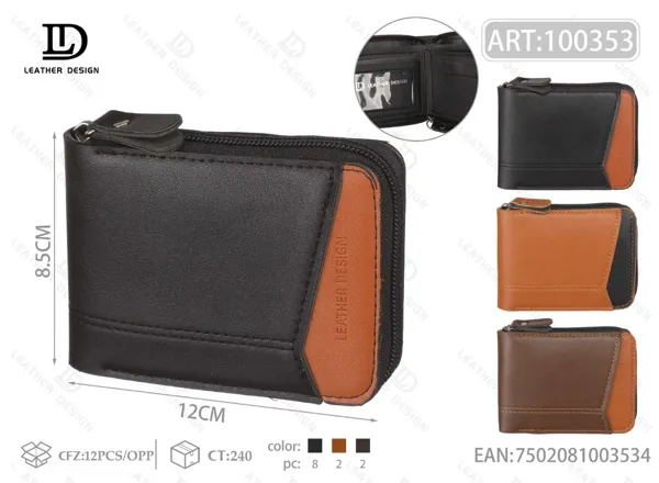 Cartera para hombre con cierre alrededor y esquina bicolor café