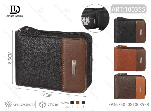 Cartera para hombre con cierre alrededor, textura granulada y broche café