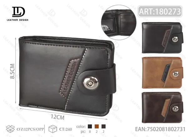 Cartera plegable para hombre con broche y etiqueta lateral