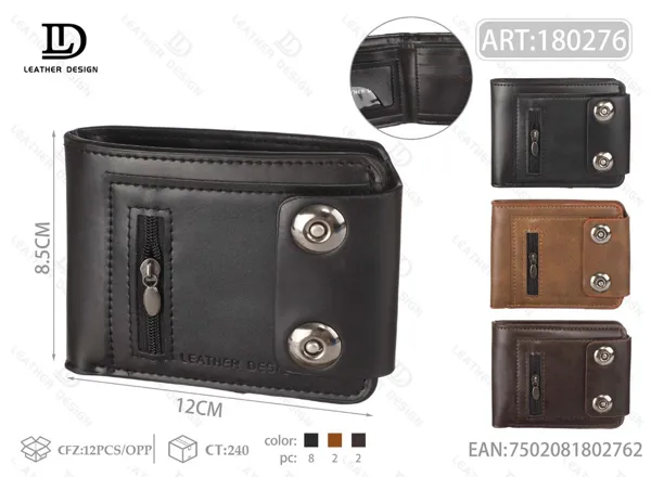 Cartera plegable para hombre con bolsillo de cierre y dos broches