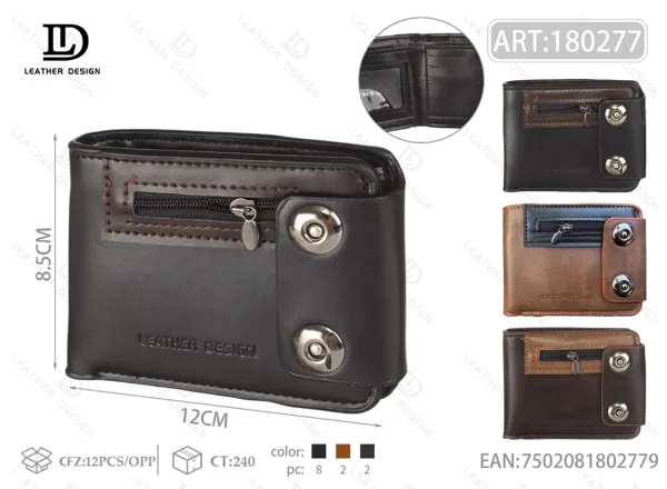 Cartera plegable para hombre con cierre y dos broches verticales