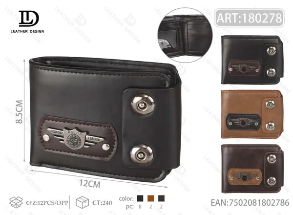 Cartera plegable para hombre con emblema metálico y broches