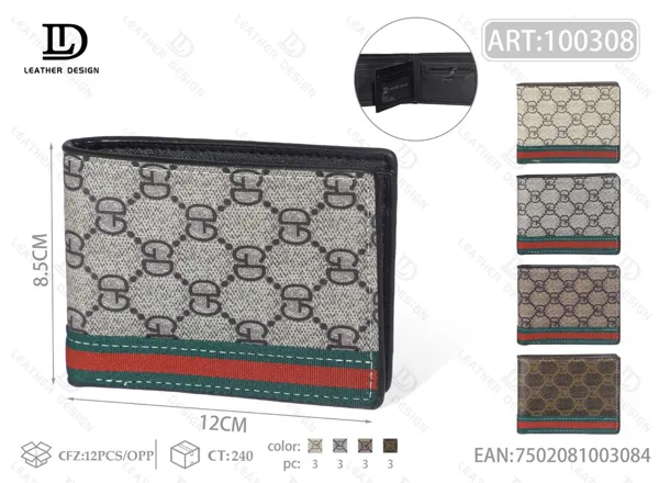 Cartera plegable para hombre estampado monograma con franja verde y roja