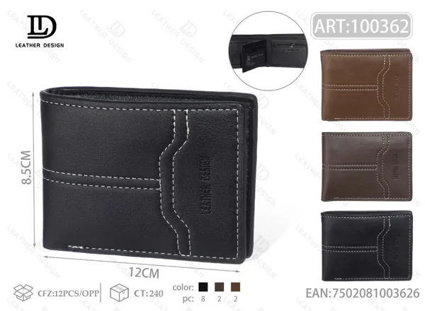 Cartera plegable para hombre en piel lisa con costura ondulada