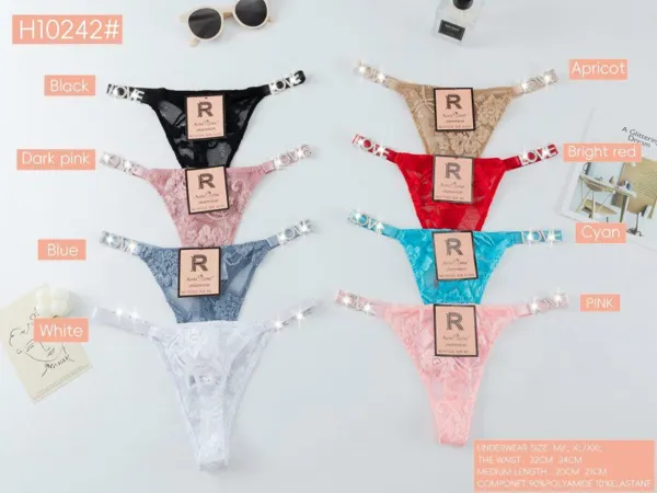 Tanga de encaje floral con pretina de cristales LOVE