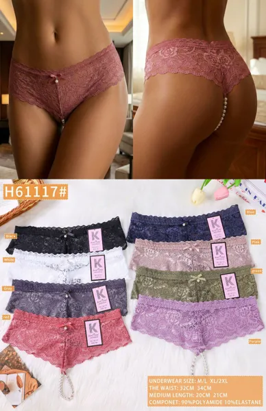 Panty cachetero de encaje floral con perlas