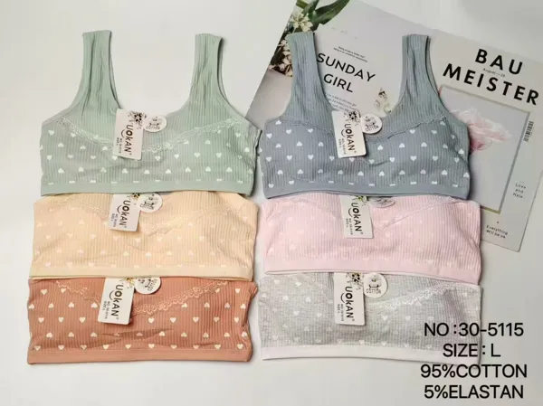 Top bralette de algodón con encaje y estampado de corazones