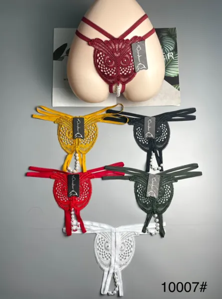 Tanga abierta de encaje con búho y perlas