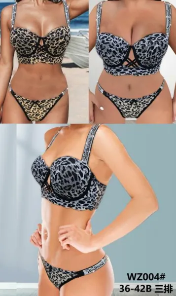 Conjunto de brasier y tanga animal print con pedreria