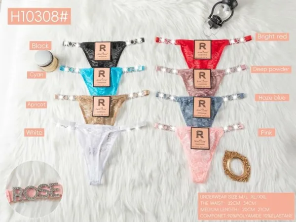 Tanga hilo dental de encaje con letras ROSE de cristal