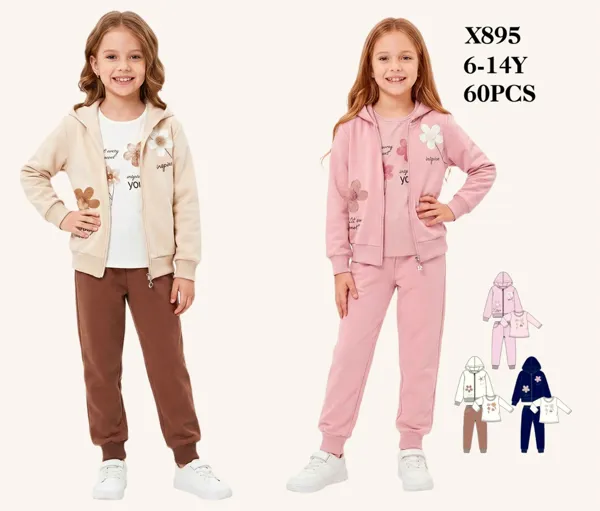 Conjunto de 3 piezas con capucha, estampado floral y pantalón jogger para niña