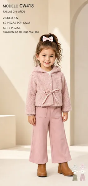 Conjunto de 3 piezas con chaqueta de peluche con capucha y lazo, top y pantalón ancho para niña