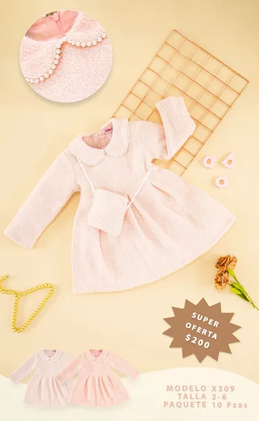 Vestido de tweed con cuello de perlas y bolso incluido para niña