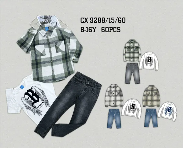Conjunto de 3 piezas con camisa de franela a cuadros, playera y jeans para niño