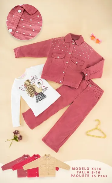 Conjunto de 3 piezas con chamarra y pantalón de pana y playera Love You para niña