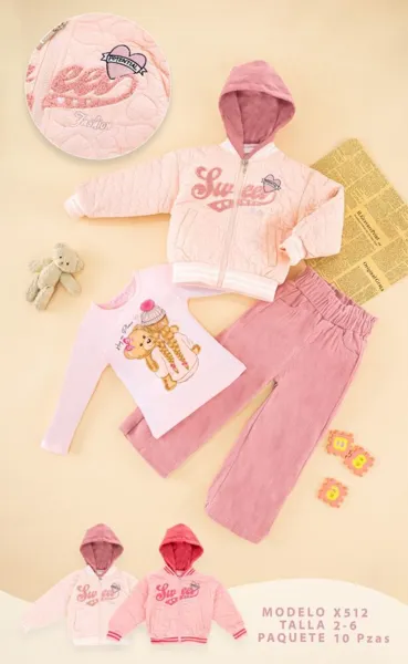 Conjunto de 3 piezas con sudadera con capucha y cierre, playera y pantalón de pana para niña