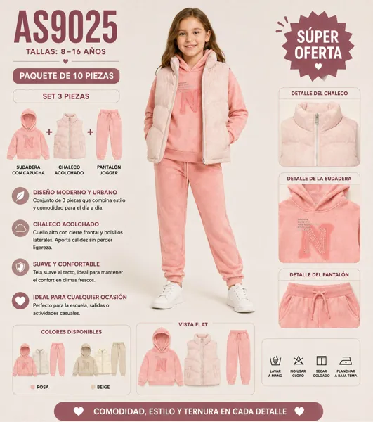 Conjunto de 3 piezas con sudadera con capucha, chaleco acolchado y pantalón jogger para niña