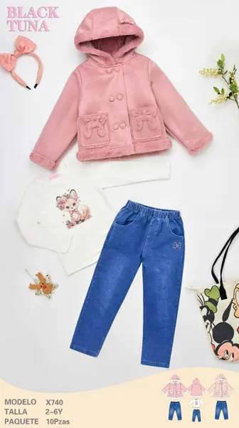 Conjunto de 3 piezas con chaqueta con capucha y forro de peluche, blusa y jeans para niña