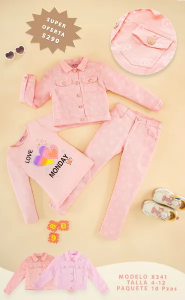 Conjunto de 3 piezas con chaqueta de mezclilla, blusa y jeans con estampado de corazones para niña