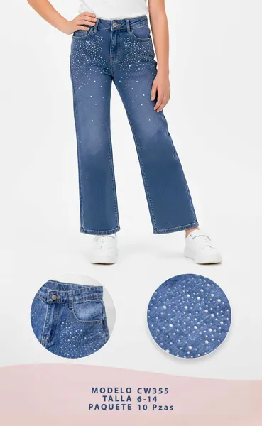 Jeans de pierna ancha con aplicaciones de perlas y strass para niña
