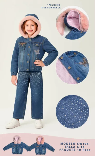Conjunto de 2 piezas con chamarra de mezclilla con capucha de peluche desmontable y jeans con perlas para niña