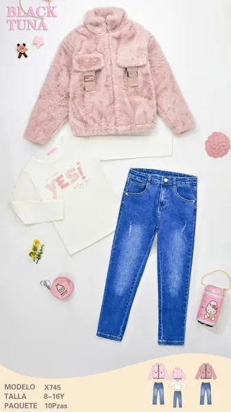 Conjunto de 3 piezas con chamarra de peluche, playera Yes y jeans para niña
