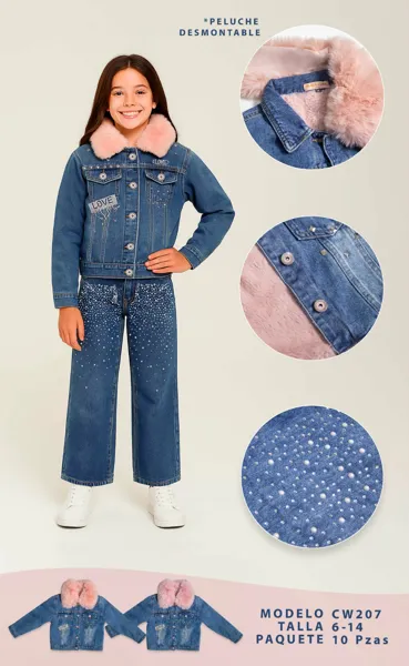 Conjunto de 2 piezas con chaqueta de mezclilla con cuello de peluche desmontable y jeans de pierna ancha con pedrería para niña