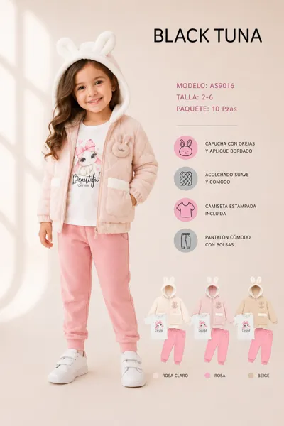 Conjunto de 3 piezas con chaqueta acolchada con capucha de orejas, camiseta y pantalón para niña