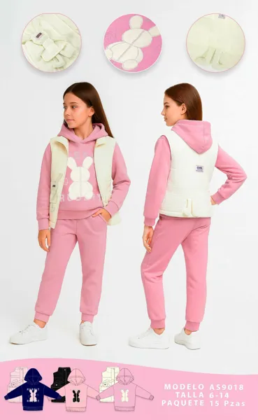 Conjunto de 3 piezas con chaleco acolchado, sudadera con capucha y pantalón, diseño de conejo para niña