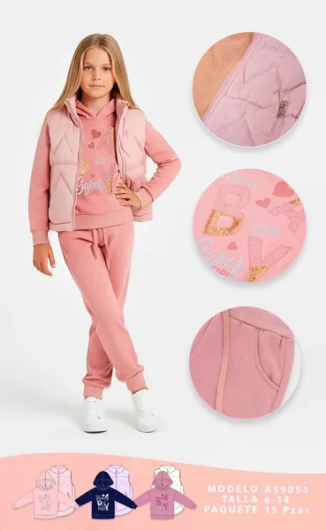 Conjunto de 3 piezas con sudadera con capucha, chaleco acolchado y pantalón jogger para niña