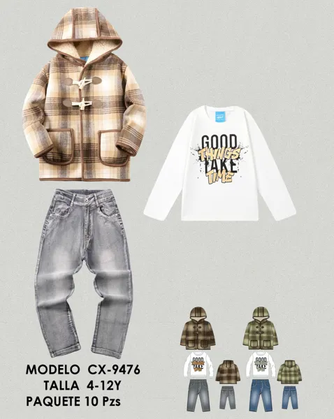 Conjunto de 3 piezas con abrigo de cuadros con capucha, playera y jeans para niño
