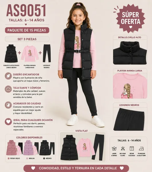 Conjunto de 3 piezas con chaleco acolchado largo, playera manga larga y leggings para niña