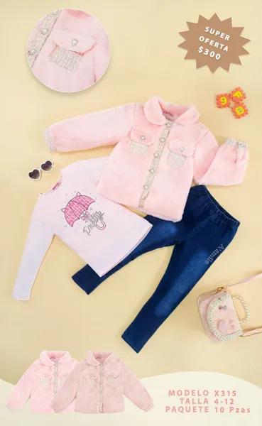 Conjunto de 3 piezas con chaqueta de peluche, camiseta estampada y jeans para niña