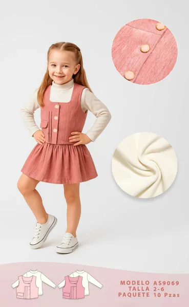Conjunto de 2 piezas con jumper de falda y blusa de cuello alto para niña