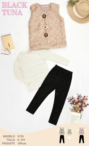 Conjunto de 3 piezas con chaleco de peluche con lentejuelas, playera y leggings para niña