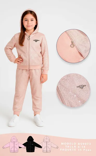 Conjunto de 2 piezas con capucha de tela de lentejuelas, chamarra y jogger para niña