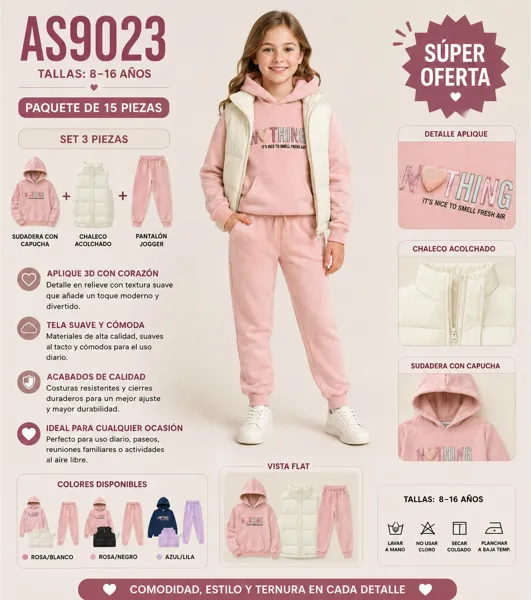 Conjunto de 3 piezas con sudadera con capucha, chaleco acolchado y pantalón jogger con aplique 3D de corazón para niña