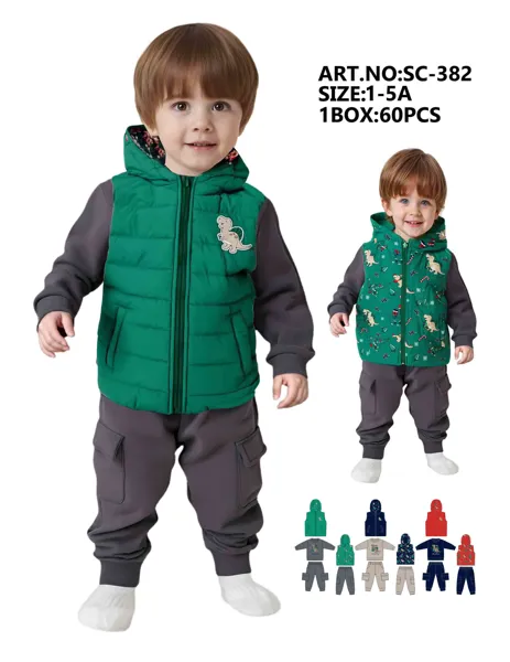 Conjunto de 3 piezas con chaleco con capucha, sudadera y pantalón cargo con estampado de dinosaurio para niño