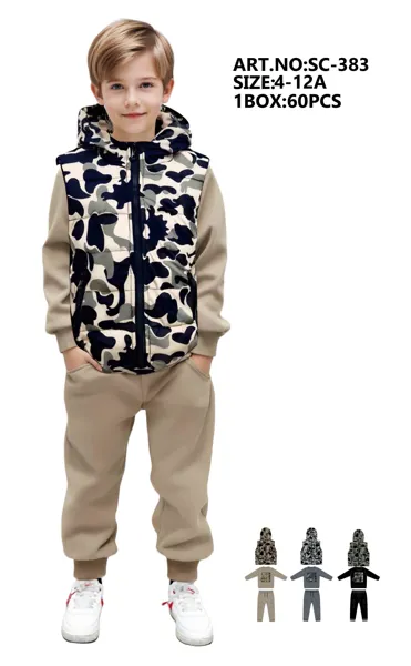 Conjunto de 3 piezas con chaleco camuflado con capucha para niño