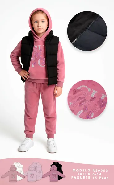 Conjunto de 3 piezas con chaleco acolchado, sudadera con capucha y pantalón con estampado de lentejuelas para niña
