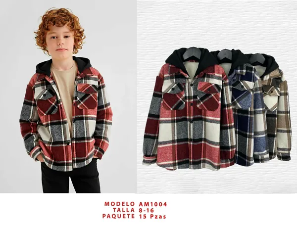 Camisa tipo leñador de franela a cuadros con capucha para niño