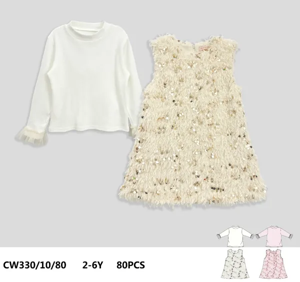 Conjunto de 2 piezas con playera de cuello alto y vestido sin mangas de peluche con lentejuelas para niña