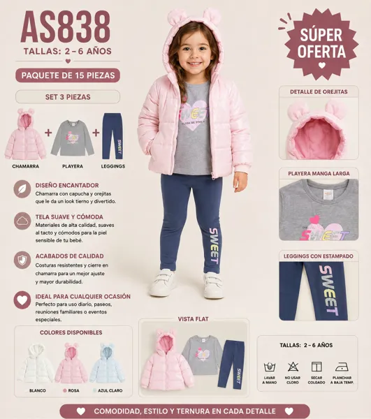 Conjunto de 3 piezas con chamarra con capucha de orejitas, playera y leggings estampado Sweet para niña
