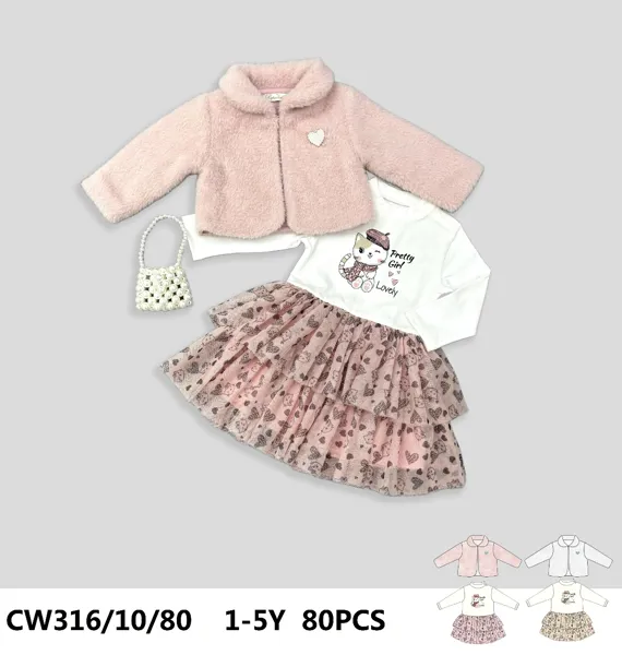 Conjunto de 3 piezas con saco de peluche, blusa y falda de tul estampada para niña